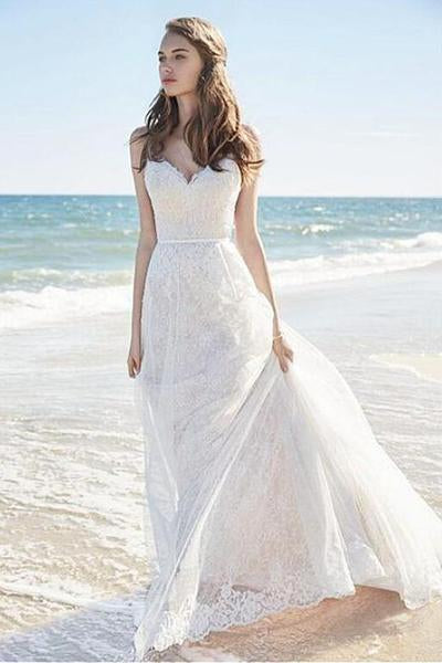 Chic A-Line Sweetheart Backless Lace Beach Spaghetti Straps Long Wedding Dresses JS375