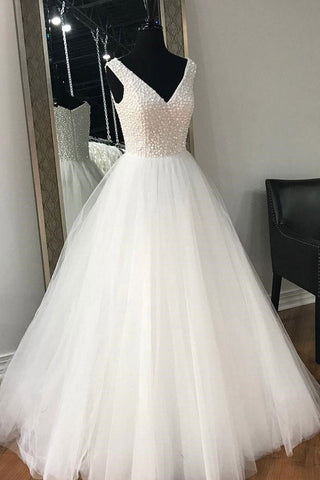 White A Line Floor Length V Neck Sleeveless Layers Wedding Dresses