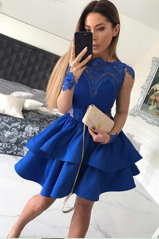 Royal Blue Jewel Neck Long Sleeve Appliques Short Homecoming Dressess