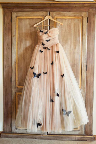 A-Line Strapless Sweetheart Lace up Prom Dress Tulle Sleeveless Ruffles Wedding Dresses UK JS336
