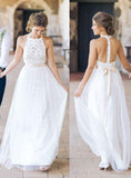 Simple Jewel Chiffon Lace Top Wedding Dress Lace Tulle Beach Wedding Dress with belt N28