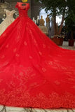 Red Ball Gown Luxury Wedding Dresses Bateau Cap Sleeves Royal Train Lace