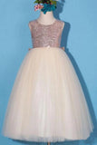 Princess Gold Sequin Shiny Round Neck Flower Girl Dresses with Bowknot, Baby Dresses SJS15589