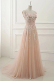 A Line Sheer Neck Cap Sleeves Tulle Prom Dresses Appliques Sweep Train Formal SJSPTEXZSTC
