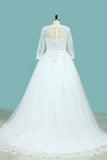 Bateau Wedding Dresses Long Sleeves A Line Court Train Tulle With Applique