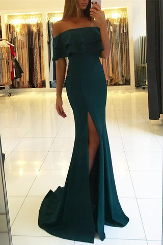 Mermaid Boat Neck Evening Dresses With Slit Sweep Train