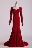 Hot Long Sleeves Prom Dresses Spandex Mermaid With Applique Burgundy/Maroon