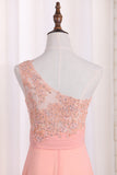 Chiffon One Shoulder A Line Prom Dresses With Applique Sweep Train