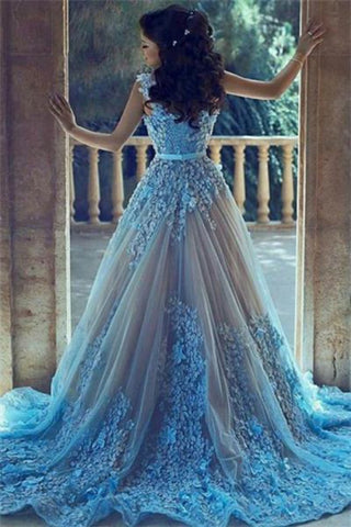 Charming Long Gorgeous Blue Lace Applique Prom Dresses Evening Dresses
