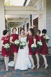 A Line Burgundy Lace Cap Sleeve Bridesmaid Dresses, Knee Length Short Wedding Party Dresses SJS14995