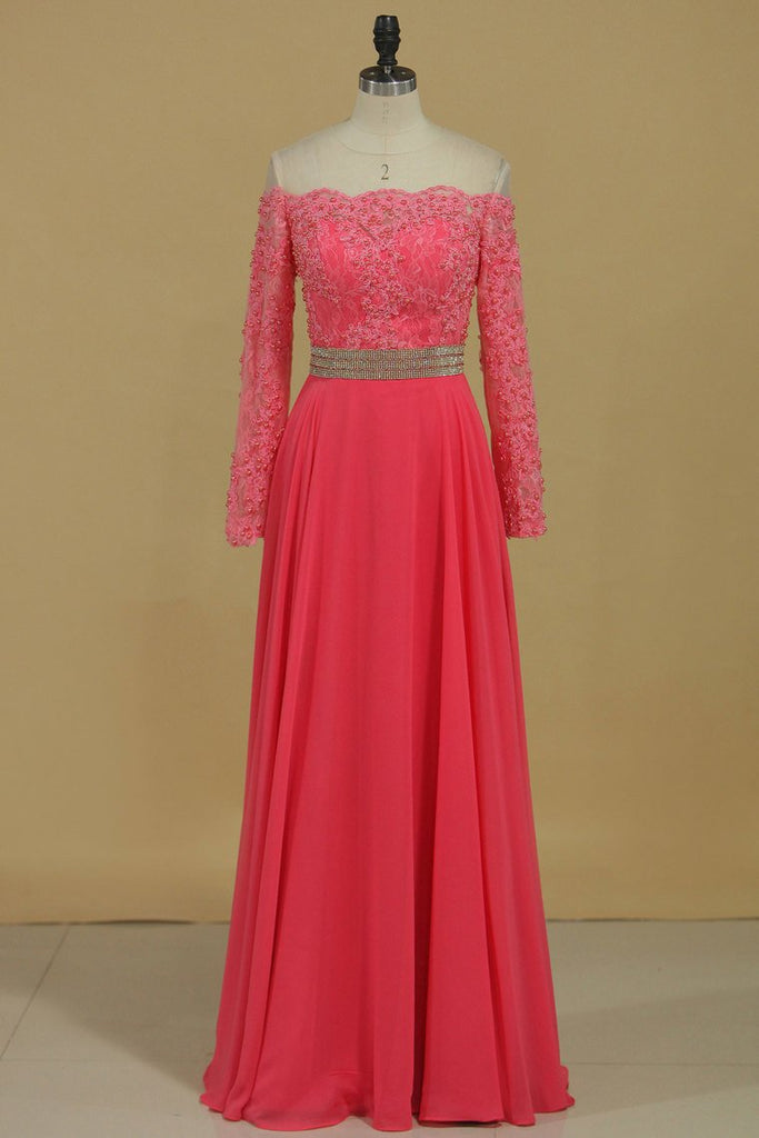 Scoop Chiffon With Applique And Beads Sweep Train A Line Prom Dresses