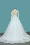 A Line 3/4 Length Sleeves Tulle Scoop Wedding Dresses With Applique