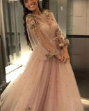 Sparkly Long Sleeves Beading Prom Dresses with Hand Made Flowers, Long Dance Dresses SJS15536