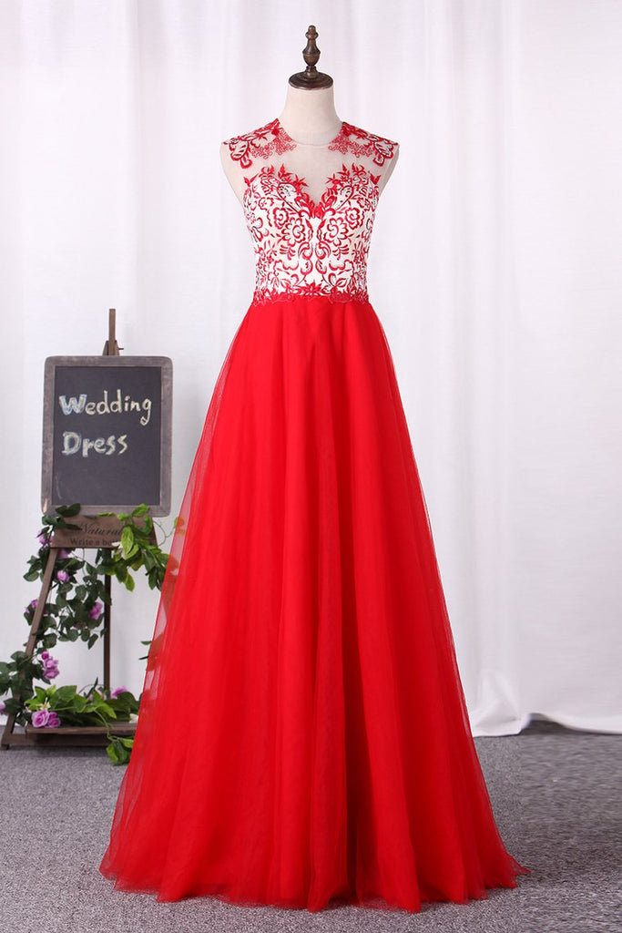 New Arrival A Line Scoop Prom Dresses Tulle With Applique And Beads