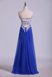 Open Back Prom Dress Sweetheart Dark Royal Blue Chiffon With Applique
