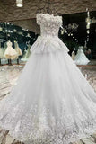 Off The Shoulder A-Line Wedding Dresses Floor Length Lace Up With Appliques