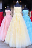 A Line Tulle Yellow Spaghetti Straps Prom Dresses with Appliques, Party SJS20385