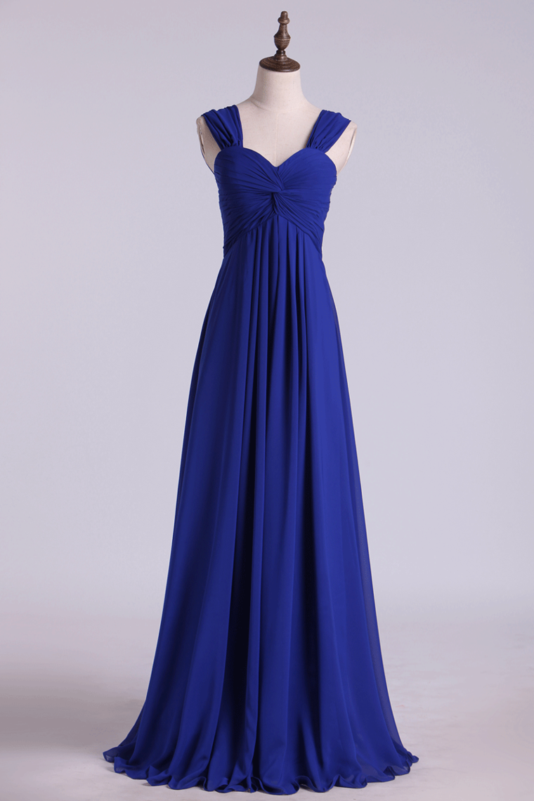 Dark Royal Blue Prom Dresses A Line Straps Floor Length Chiffon Ruffled ...