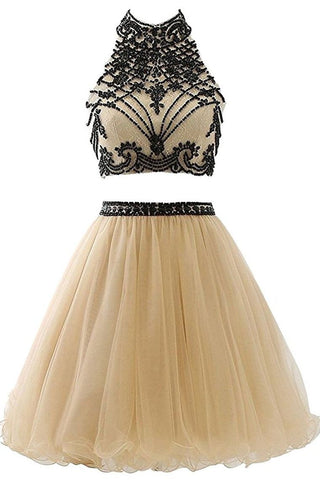 High Neck Open Back Tulle With Beading Homecoming Dresses A Line