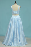 V Neck Two-Piece Prom Dresses A Line Satin With Beads Floor Length