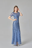 Elegant Mermaid Burgundy Tulle Prom Dresses Round Neck Long Evening Dresses SJS15176