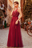 Elegant V Neck Burgundy Beads Appliques Lace Evening Dresses, Long Prom Dresses SJS15211