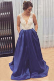 A Line V Neck Prom Dresses Satin With Beading Sweep Train Zipper Up