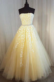 A Line Yellow Strapless Tulle Lace Appliques Prom Dresses, Party SJS15617