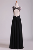 Scoop Prom Dresses A-Line Beaded Tulle Bodice Pick Up Long Chiffon Skirt