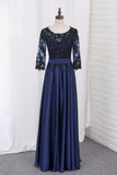 A Line Prom Dresses 3/4 Length Sleeves Scoop Chiffon With Black Applique Floor Length