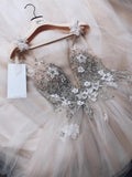 A Line Spaghetti Straps Tulle Beads V Neck Prom Dresses, Hand Made Flowers Wedding Dress SJS15031