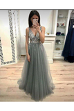 Prom Dresses V Neck Tulle Beads Floor Length
