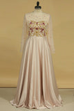 Long Sleeves Satin Scoop A Line Prom Dresses Beaded Bodice