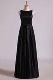 Black A Line Evening Dresses Cowl Neck Floor Length Satin With Sash