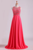 Water Melon Prom Dresses Scoop A Line Beaded Bodice Open Back Chiffon & Tulle Floor-Length