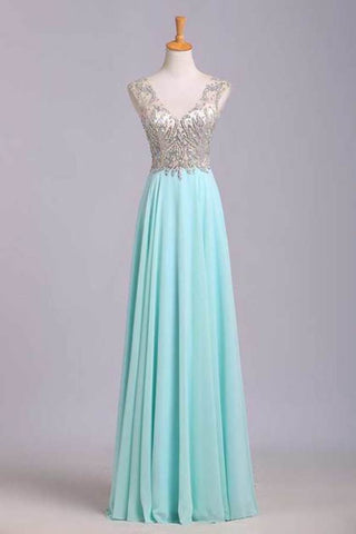 V Neck Prom Dresses A Line Beaded Bodice Sweep Train Chiffon And Tulle