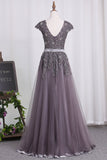 Scoop Tulle Prom Dresses With Applique And Beaded Bodice