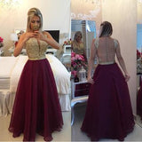 See Through Lace Cheap Unique Burgundy Sleeveless Beads A-Line V-Neck Prom Dresses JS972