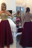 See Through Lace Cheap Unique Burgundy Sleeveless Beads A-Line V-Neck Prom Dresses JS972
