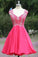 Open Back Hot Pink Short V-Neck Beading Satin Sleeveless Cute Homecoming Dresses JS532