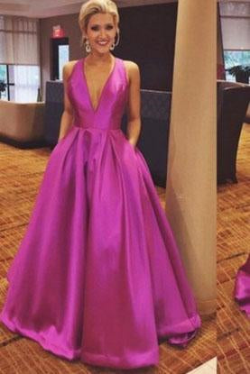 Cute A-line V Neck Satin Hot Pink Long Prom Dress with Ribbon Prom Dresses JS690
