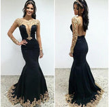 Sexy Black Lace Long Sleeves Long Mermaid Prom Dresses Evening Dresses JS499