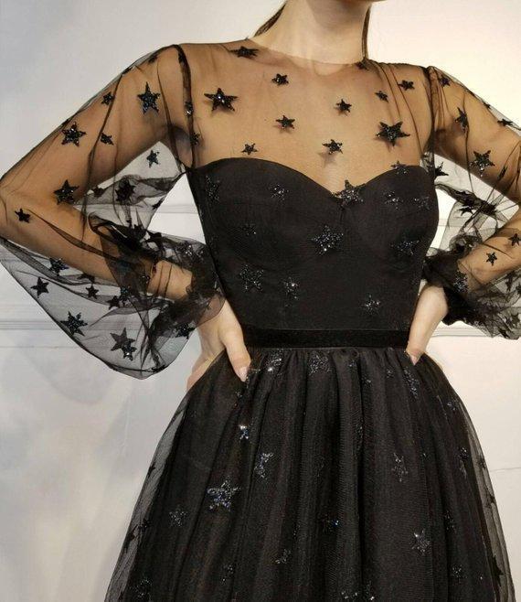 Cute Long Sleeve Tulle Above Knee Homecoming Dresses with Stars Short Dresses JS780