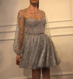 Cute Long Sleeve Tulle Above Knee Homecoming Dresses with Stars Short Dresses JS780