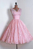 Pink Short Prom Dresses V Neck Knee-Length Lace Homecoming Dresses