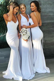 V Neck Spaghetti Straps Mermaid Bridesmaid Dresses Backless Long Wedding Guest Dresses