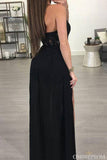 Chic Halter Black Lace Top Chiffon Prom Dresses with Split Side