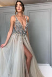 Elegant Gray Modest Beaded A-Line V-Neck Tulle Sweep Train Prom Dresses Evening Dress