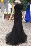 Mermaid Black Sequins Tulle Bodice Prom Dresses with Straps Long Evening Formal Dress JS797