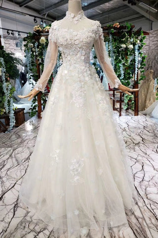 Princess Tulle High Neck Long Sleeve Handmade Flowers Lace up Prom Dresses JS795